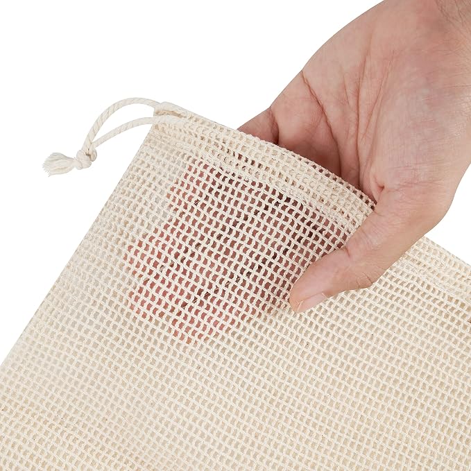 PALTERWEAR 100 Percent Natural Cotton Double Drawstring Mesh Bag For Herbs, Nuts, Fruit, Vegetables (8 x 10 Inch - Set of 5)