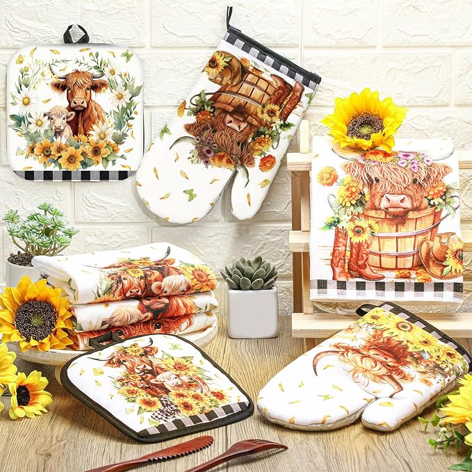 VitalCozy 8 Pcs Highland Cow Kitchen Towels Pot Holders Oven Mitt Set Absorbent Highland Cattle Dish Towels Square Potholders Watercolor Heat Resistant Glove for Home Cooking Baking Gift(Sunflower)