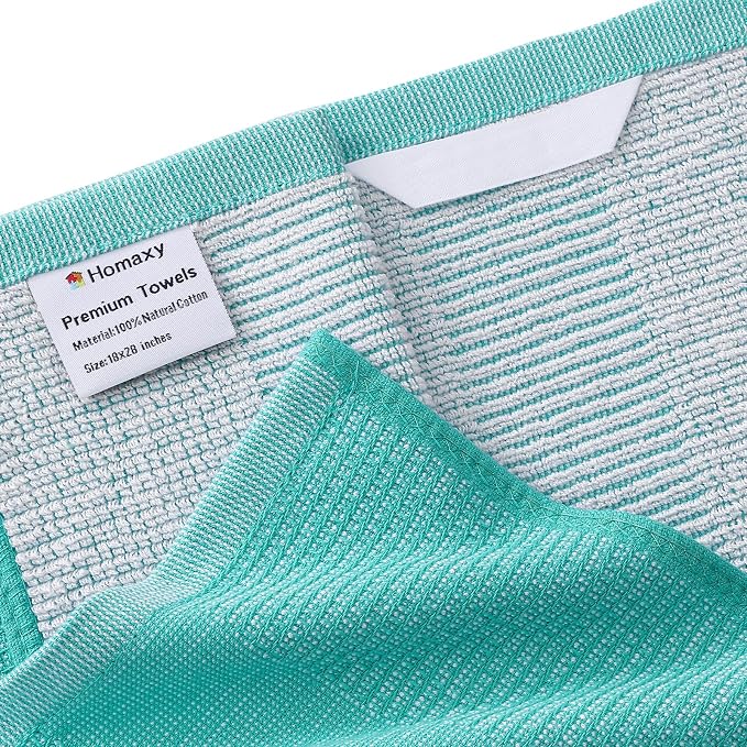 Homaxy 380 GSM Cotton Premium Kitchen Towels 3 Pack, 18"x 28", Teal | Flat and Terry Dish Towels, Highly Absorbent Tea Towel Set with Hanging Loop, Soft Utility Kitchen Hand Towels