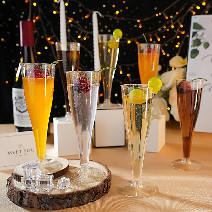 Bestluck 200Pack 4.5oz Gold Glitter Champagne Flutes Plastic | Plastic Disposable Stemware, Disposable Champagne Flutes for Party, Mimosa Bar, Wedding, Anniversary and Graduation