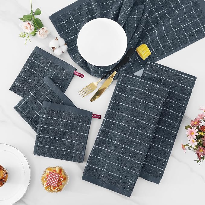 Homaxy Kitchen Towels and Dishcloths Set, Set of 10, Dark Grey | Bulk Cotton Terry Kitchen Towels, Checkered Designed, Soft and Super Absorbent Dish Towels, 12 x 12 and 13 x 28 Inches