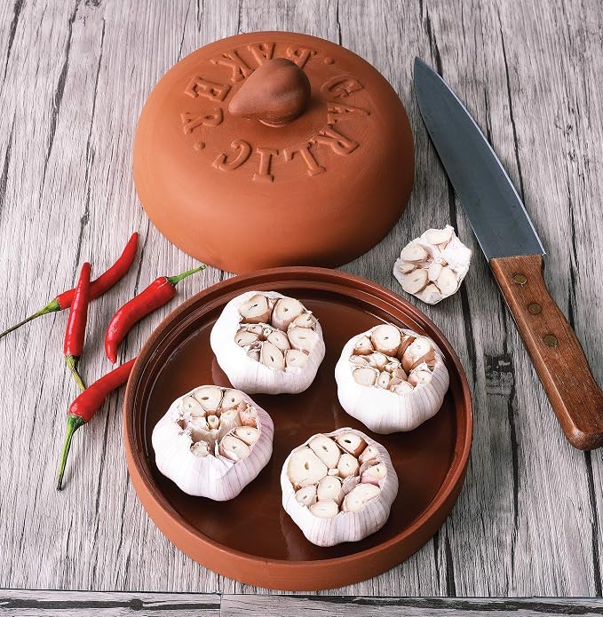 Fox Run Garlic Baker, 7-Inch, Terra Cotta | Oven, Microwave & Convection Oven Compatible | Dish & Lid For Roasting Bulbs of Garlic | Cute Terracotta Oven Garlic Baker