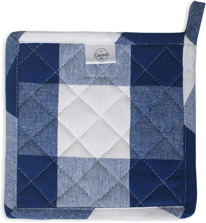 Encasa XO Pot Holders, Quilted Kitchen Hot Pads 8"x8" Buffalo Blue Checks | 100% Eco-Friendly Cotton | Thick Cotton Padding Insulation | Convenient Hanging Loop | Set of 2