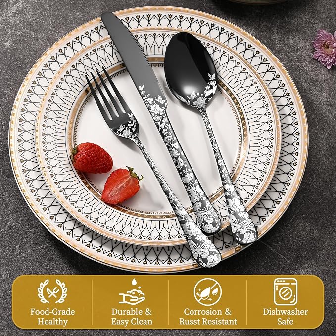 40 Piece Black Silverware Set, Stainless Steel Flatware Cutlery Set Service for 8, Mirror Polished Tableware Eating Utensils Set for Home Kitchen, Include Knife Fork Spoon Set, Dishwasher Safe