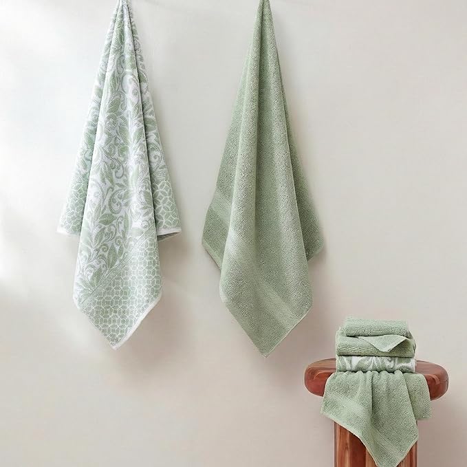 Modern Threads 6 Piece Bath Towel Set – Bathroom Set with 2 Bath Towels, 2 Hand Towels, and 2 Wash Cloths – 100% Cotton, Super Absorbent & Extra Soft – Reversible Botanical Vine (Sage Green)
