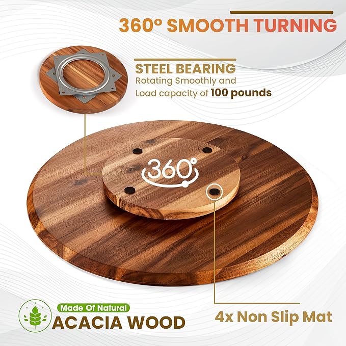 TIDITA 21" Acacia Wood Lazy Susan for Table Top, Swivel Charcuterie Board | 360° Rotation, No Rim, Solid Acacia Wood, Non-Skid Pads, Round Lazy Susans Turntable for Countertop, Extra Large