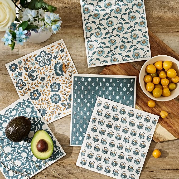 RECYCO Swedish Dishcloths for Kitchen | 5 Pack Indigo Petals Washable Dish Rags | Cellulose Reusable Cleaning Paper Towels | Absorbent Counter Dish Cloth Sponge Kitchen Wipes, 8" L x 7" W