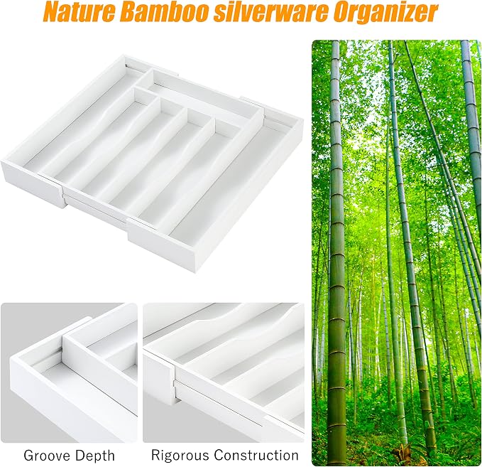 White Silverware Organizer Kitchen Drawer Organizer Expandable Bamboo Utensil Holder Cutlery Tray for Kitchen Utensil and Flatware Bedroom Office
