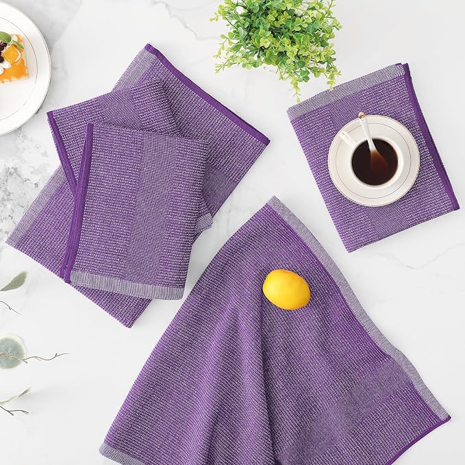 Mordimy Premium Large Cotton Kitchen Towels (18"x 28", 6 Pack), Purple | 100% Ring Spun Cotton, Super Absorbent, 380 GSM, Flat & Terry, Soft, Hanging Loop Dish Towels