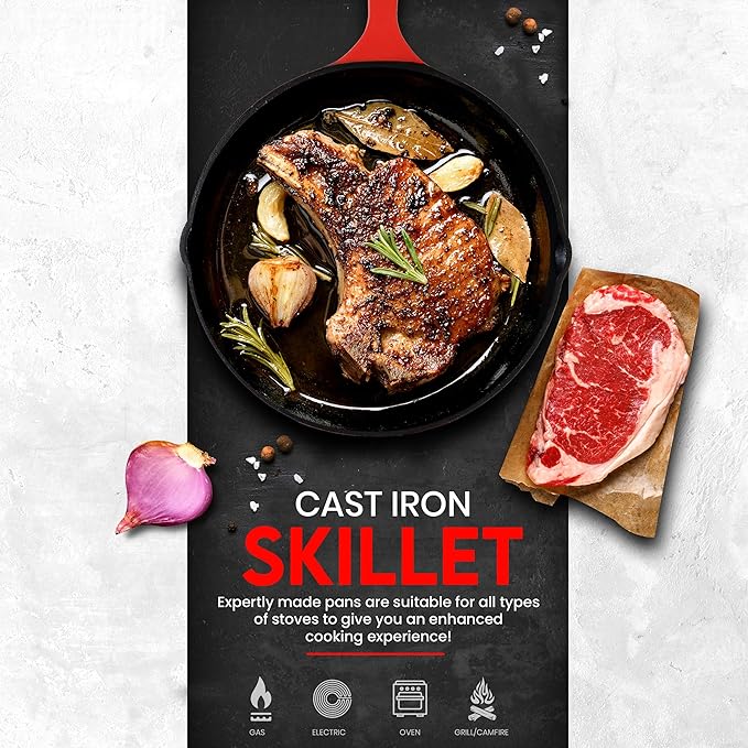Utopia Kitchen Cast Iron Skillet Set 3 Piece 6 8 10 Inch PFAS-Free Red | Chef Pan, Even Heat Distribution, Stovetop, Campfire and Grill Safe, Large Skillet Set, Indoor Outdoor Use