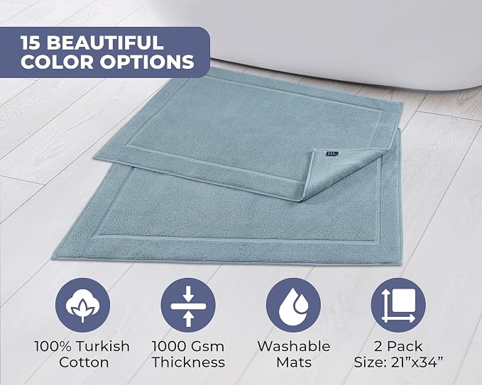 Hawmam Linen Light Blue Bath Mats, 21 x 34 inches, Pack of 2-100% Ring Spun Cotton,[Not a Bathroom Rug] Banded Design, Highly Absorbent, Machine Washable for Bathroom Floor Towel