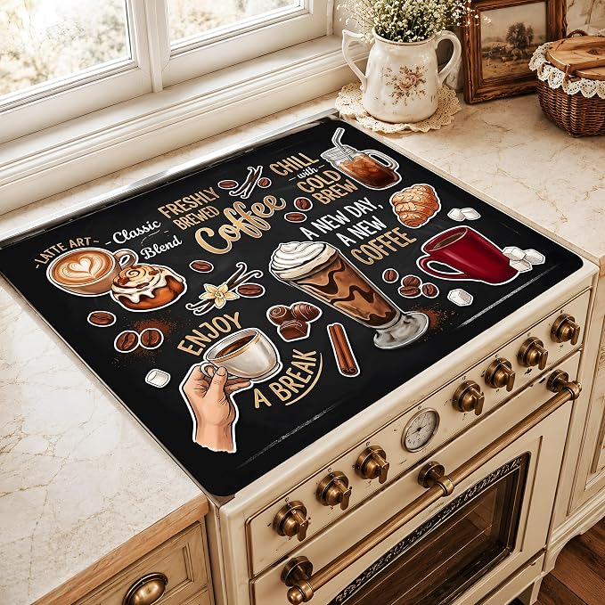Coffee Stove Top Cover 28.3 x 20.5 Inch, Vintage Coffee Cup Glass Cooktop Protector Mat, Latte and Cold Brew Electric Range Cover for Kitchen Counter Coffee Bar Decor(Classic snacks)