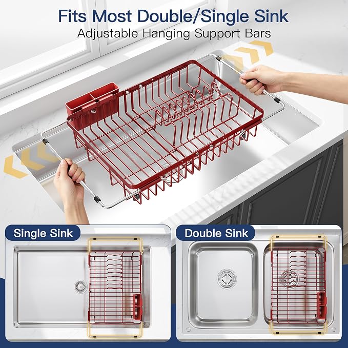 JASIWAY Red Dish Drying Rack Over the Sink with Utensil Holder | Expandable Stainless Steel Dish Driainers for Small Kitchen, Counter Space Saving, Fast Drain, Rust Resistant, For Apartment