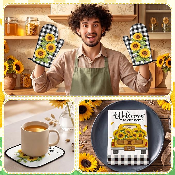 Tieshankao 10Pcs Sunflower Kitchen Decor Accessories Set | Black Checkered Sunflower Theme, Kitchen Towels, Oven Mitts, Pot Holders, Rugs and Mats, Baking Supplies, Housewarming Gifts