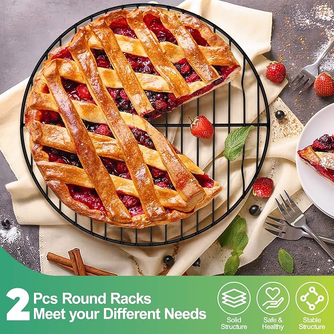 P&P CHEF 9 Inch Cooking Rack Round for Steaming Cooling, Black, 2 Pack | Stainless Steel Round Wire Rack for Baking Grilling, Roasting, Fits Air Fryer, Steamer Pot, Oven & Dishwasher Safe