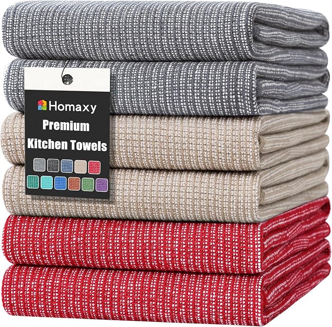 Homaxy 380 GSM Cotton Premium Kitchen Towels 6 Pack, 18"x 28", Mix | Flat and Terry Dish Towels, Highly Absorbent Tea Towel Set with Hanging Loop, Soft Kitchen Hand Towels, Red/Grey/Khaki