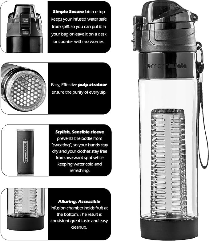 MAMI WATA Fruit Infuser Water Bottle – 24 oz BPA-Free Tritan Fruit Infused Plastic Water Bottle for Women Recipes eBook & Insulating Sleeve & Gift Box
