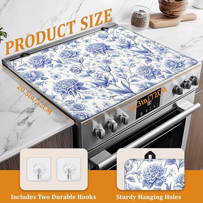 Blue Floral Glass Top Stove Cover Protector,Retro Spring Flowers Heat Resistant Stove Top Cover, Large Size Range Covers for Electric Stove Countertop Mat, 28 x 20 Inch