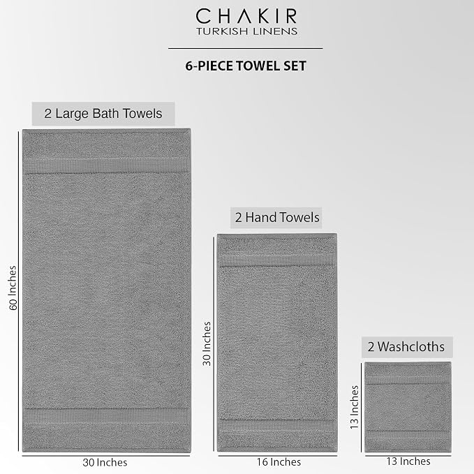 Chakir Turkish Linens 100% Cotton 6-Piece Towel Set, Gray | 100% cotton 6-pc set, OEKO-TEX certified: 2 bath 30x60, 2 hand 16x30, 2 washcloths 13x13