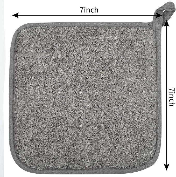 Pot Holders for Kitchen, 100% Cotton Terry Pot Holder Set of 5, Heat Resistant Hot Pads for Cooking, Baking, Hot Dishes and Countertop Protection,Grey