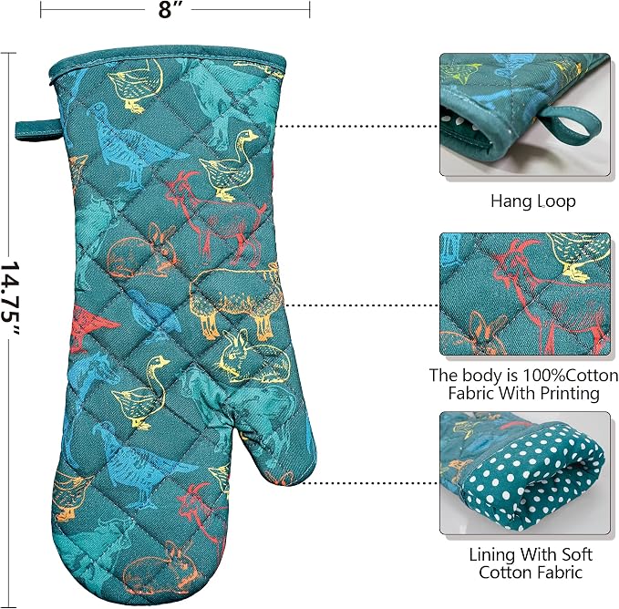 Oven Mitts Cotton Fashion Cute Farm Cattle Design 1pair Heat Resistant Oven Gloves Safe Cooking Baking Grilling Barbecue Machine Washable Pot Holders (Farm Cattle)