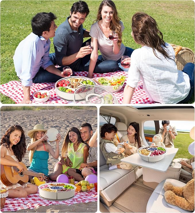 Divided Rotating Serving Tray with Lid and Handle, Portable Snackle Box for Fruits Snacks Veggie Charcuterie, Clear Lazy Susan Organizer and Fridge Storage Container for Adults Child (2PCS,12" L