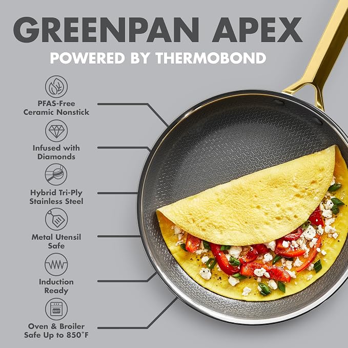 GreenPan Hybrid 10" Stainless Steel Frying Pan, Ceramic Nonstick Skillet | APEX Tri-Ply Pan, PFAS-Free Thermobond Nonstick, Induction & All Cooktop Compatible, Dishwasher & Oven Safe up to 850F, Gold