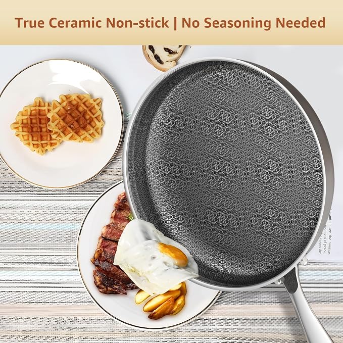 LOLYKITCH Hybrid 8-10-12 Inch Nonstick Frying Pan Set | PFOA Free | Stainless Steel Skillet | Non-Toxic | Stay-Cool Detachable Handle | Dishwasher and Oven Safe | Induction Ready