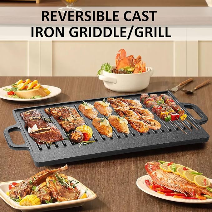 Vivicreate Cast Iron Griddle Skillet for Stove Top and Gas Grill – Flat Top Grill and Reversible Grill Griddle for Indoor or Camping Cooking – Comal Plancha para Tortillas