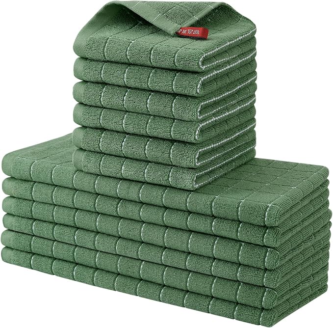 Homaxy Kitchen Towels and Dishcloths Set, Set of 12, Grass Green | Bulk Cotton Terry Kitchen Towels, Checkered Designed, Soft and Super Absorbent Dish Towels, 12 x 12 and 13 x 28 Inches