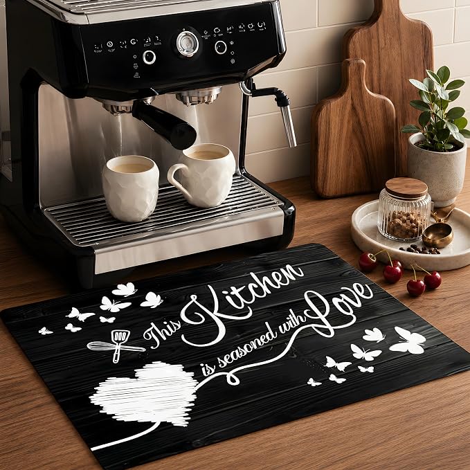 Black and White Kitchen Quote Stove Top Cover 28.3 x 20.5 Inch, Heart Butterfly Glass Cooktop Protector Mat, Electric Range Cover for Kitchen Counter Decor (Black wooden planks)