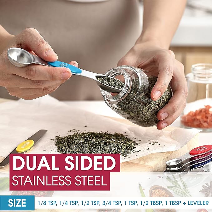 Spring Chef Stainless Steel 8 Magnetic Measuring Spoons, 2 Pack, Multicolor | Dual Sided Metal Teaspoon & Tablespoon Measuring Spoons with Leveler for Dry & Liquid Ingredients, Nesting, Dishwasher Safe