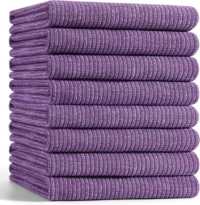Mordimy Premium Large Cotton Kitchen Towels (18"x 28", 8 Pack), Purple | 100% Ring Spun Cotton, Super Absorbent, 380 GSM, Flat & Terry, Soft, Hanging Loop Dish Towels