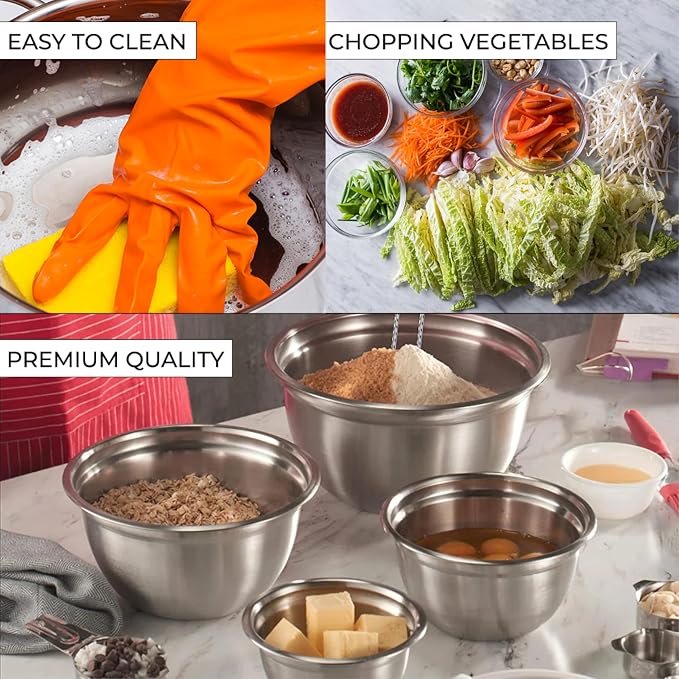 Premium Brushed Stainless Steel Mixing Bowls Sets, Easy To Clean, Space Saving, Great for Cooking, Baking, Prepping Needs 0.25qt, 1qt, 1.5qt, 3qt, 5qt (8 pc with Lid and Grater)