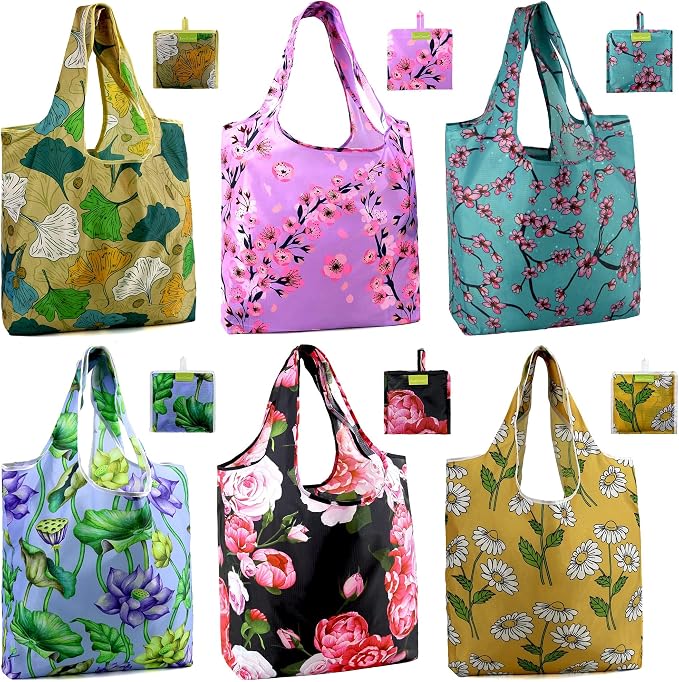 BeeGreen Flower Reusable Shopping Bags Cute Grocery Bag 6 Pack, Christmas Gift Bags Heavy-Duty Foldable Shopping Totes for Supermarket, Work & Travel, Large Washable Polyester Tote Bag with Handles