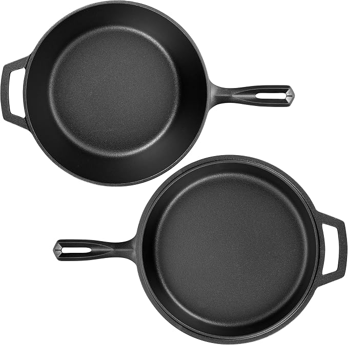VORRINGARD Pre-seasoned Cast Iron Double Dutch Oven Pot with Skillet Lid, for Bread Baking, Outdoor, Campfire Cooking, 3 Quart