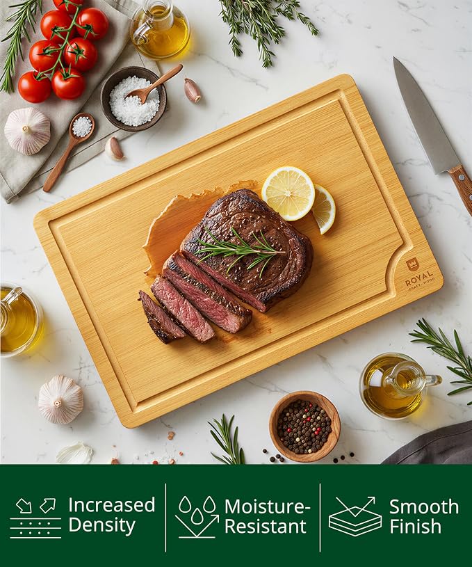 ROYAL CRAFT WOOD Wooden Cutting Boards for Kitchen Meal Prep & Serving - Bamboo Wood Serving Board Set with Deep Juice Groove Side Handles - Charcuterie & Chopping Butcher Block for Meat