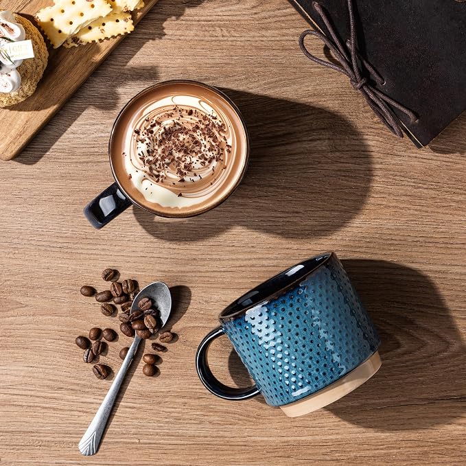 GBhome 12 OZ Stackable Coffee Mugs Set of 4, Ceramic Coffee Cups Set | 4 Assorted Designs, Embossed Mugs with Texture Patterns for Tea/Coffee, Dishwasher&Microwave Safe, Deep Blue