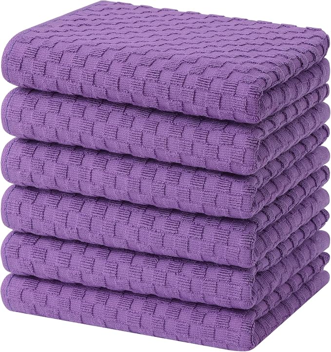 Homaxy 100% Cotton Terry Kitchen Towels(15" x 25", 6 Pack), Purple | Soft and Super Absorbent Dish Towels, 380 GSM Reusable Tea Towel with Hanging Loop, Pineapple Grid Designed