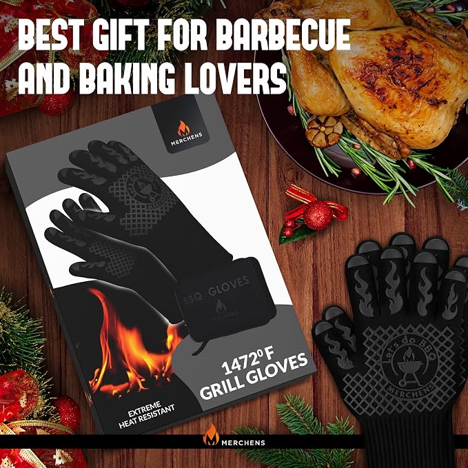 BBQ Grill & Oven Gloves 1472°F Heat Resistant | Storage Case & Gift Box | Fireproof, non-slip silicone mitts, extra-long protection for grilling, smoking & baking | Pro Series BBQ gloves - Easy clean