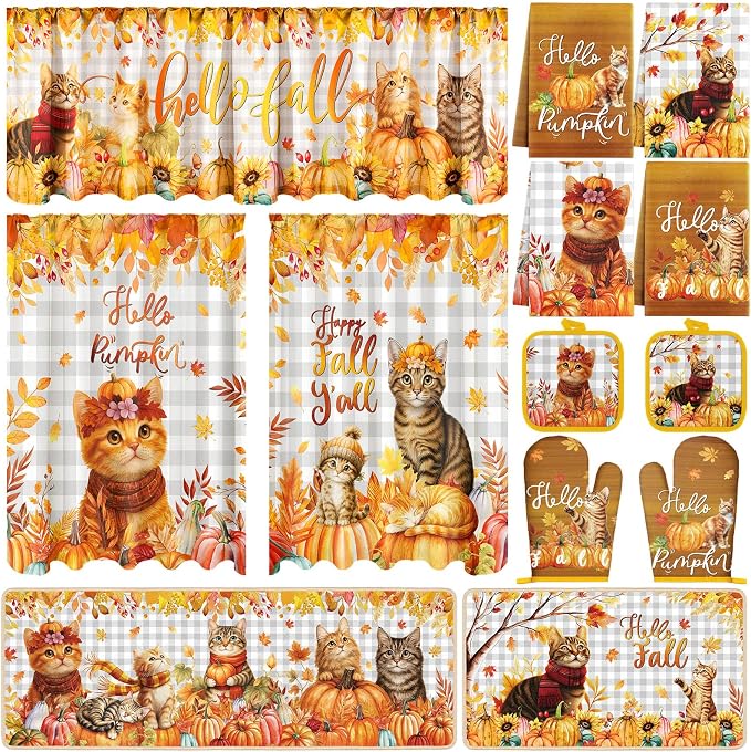 13 Pcs Fall Kitchen Decor Set, Cute Cat Themed Kitchen Towels, Cats Non Slip Floor Mats, Curtains and Valance, Pot Holders Oven Mitts, Home Decoration Gift for Cooking Baking