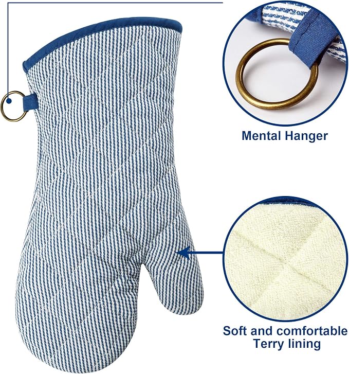 Yarn Dyed Oven Mitts 1 Pair， 100% Cotton Heat Resistant 470 Degree | Oven Gloves for Men Women Cooking Baking Barbecue BBQ Microwave Crafting Machine Washable Pot Holders Mittens (blue2)