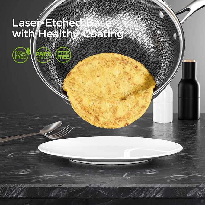 COOKER KING 12" Hybrid Wok Pan with Lid, Nonstick Deep Skillet for Stir-Fry | Non-Toxic Coating, Dishwasher & Oven Safe, Induction Ready, Stay-Cool Handle, 3-Ply Stainless Steel Clad for Fast Heat