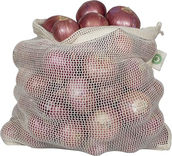 Reusable Onion Storage Bags - Organic Cotton Mesh Onion Bags with Drawstring - Washable Onion Holder Storage - Net Onion Keeper Sacks - Perfect Potato Storage Bags - Root Vegetable Sacks (3 X-Large)