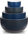 Kook Ceramic Nesting Bowls, Embossed Kitchen Bowls, For Prep, Mixing and Serving, Microwave and Dishwasher Safe, Midnight Blue with Burnt Copper Accents, 20/44/98/145 oz, Set of 4, Narbonne Collection