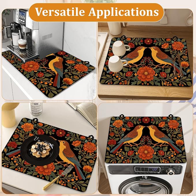 Vintage Birds Flowers Stove Top Covers for Electric Stove,Retro Glass Top Stove Cover, Heat Resistant Range Covers for Electric Stove,Washable Countertop Mat, 28 x 20 Inch