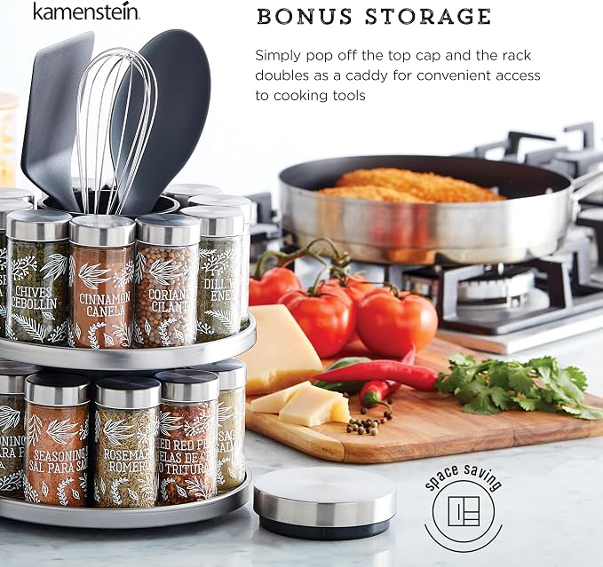 Kamenstein Salem 20-Jar Rotating Spice Rack with Spices Included, Stainless Steel Countertop Organizer with Sifter Caps and Tool Caddy, Spice Set for Kitchen Organization