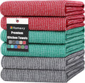 Homaxy 380 GSM Cotton Premium Kitchen Towels 6 Pack, 18"x 28", Mix | Flat and Terry Dish Towels, Highly Absorbent Tea Towel Set with Hanging Loop, Soft Kitchen Hand Towels, Grey/Red/Green