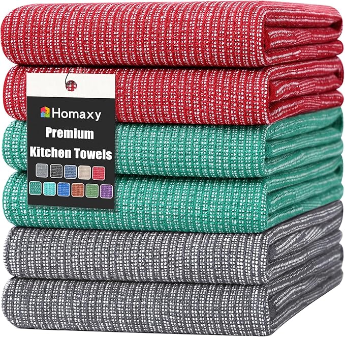 Homaxy 380 GSM Cotton Premium Kitchen Towels 6 Pack, 18"x 28", Mix | Flat and Terry Dish Towels, Highly Absorbent Tea Towel Set with Hanging Loop, Soft Kitchen Hand Towels, Grey/Red/Green