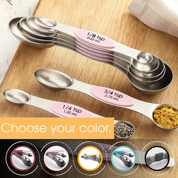 Spring Chef Stainless Steel 8 Magnetic Measuring Spoons Set, Pink Lemonade | Dual Sided Metal Teaspoon & Tablespoon Measuring Spoons with Leveler for Dry & Liquid Ingredients, Fits in Kitchen Spice Jars